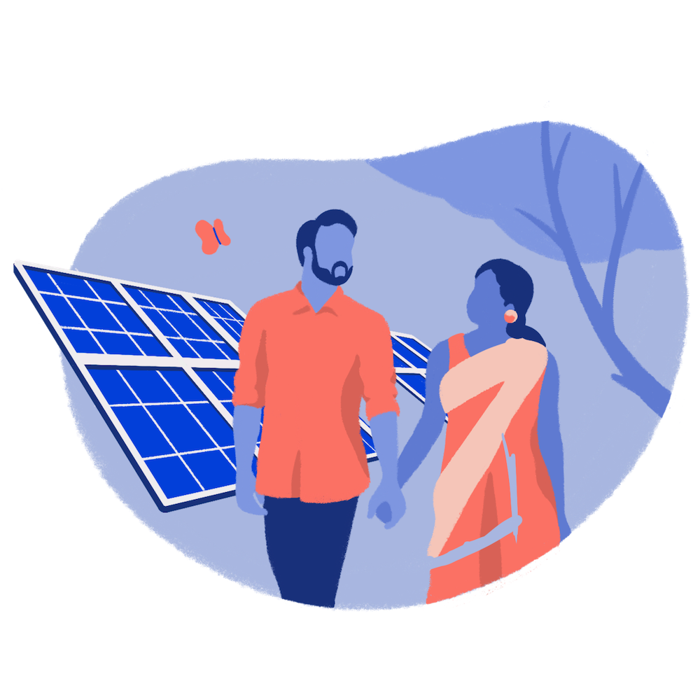 Two people walking by solar panels